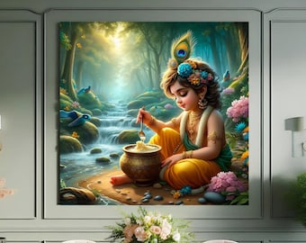 Impression sur toile Adorable forêt divine du bébé Krishna | Parfait cadeau hindou pour nouveau-né, décoration janmashtami, décoration murale Bal Gopal, dieu bleu, tenture murale