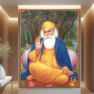 Retrato impreso en aluminio y metal de Guru Nanak DevJi, decoración religiosa del sijismo espiritual, arte mural de la fe divina sij, pintura de bendiciones sagradas sij