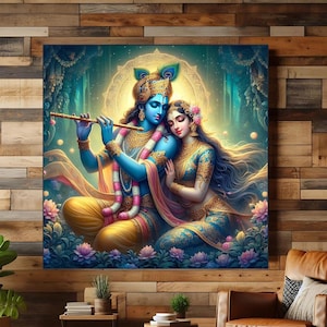 May include: A colourful painting depicting a couple in a loving embrace. The man is playing a flute and the woman is holding his hand. The painting is set against a backdrop of lush greenery and flowers.