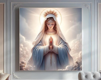 Può includere: Un dipinto della Vergine Maria con un'aureola e una veste blu, che prega con le mani giunte. Lo sfondo è un cielo nuvoloso con una luce dorata che splende dall'alto.