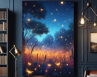 May include: A digital painting of a forest scene at night with glowing fireflies and a blue sky. The fireflies are scattered throughout the image, creating a magical and whimsical atmosphere.