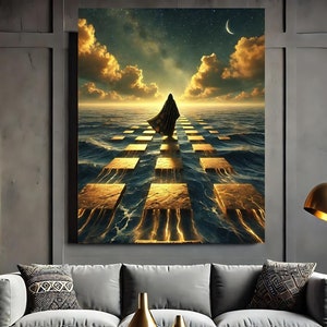 May include: A digital painting of a person in a dark robe walking on a path of golden squares that are floating on a dark blue body of water. The sky is a dark blue with white clouds and a crescent moon.