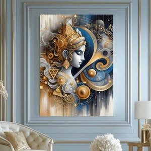Stampa su metallo in alluminio raffigurante la dea divina Saraswati Mata, decorazione da parete in stile indù blu e oro etereo, mandala femminile spirituale, decorazione per la casa celeste.