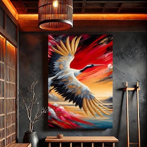 Impresión en aluminio de grúa majestuosa al atardecer, arte de pared abstracto inspirado en la naturaleza japonesa, decoración del hogar con escena de aves de estilo asiático en rojo y dorado