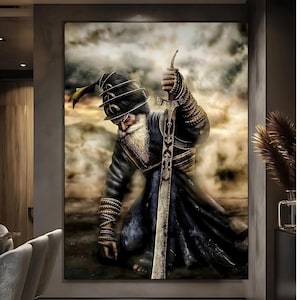 May include: A digital painting of a warrior with a long beard and a turban, holding a sword in a dramatic pose. The warrior is wearing a blue robe and is surrounded by a smoky background.