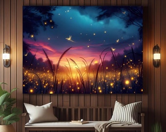 May include: A canvas print of a night sky with a sunset in the background. The sky is filled with stars and fireflies. The print is hanging on a wooden wall above a bench with pillows and blankets.