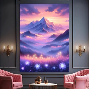 Majestic Purple Sunrise Over Floral Mountain Peaks Aluminum Metal Print, Serene Fantasy Landscape Wall Art, Peaceful Misty Hills at Dawn