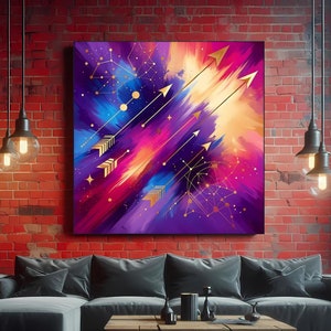 Stampa astratta in alluminio con segno zodiacale Sagittario, decorazione da parete con freccia dorata e costellazione cosmica, decorazione moderna minimalista e colorata.