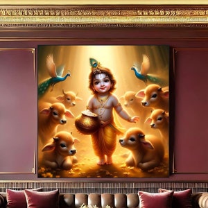 Könnte beinhalten: Ein Gemälde, das einen jungen Jungen mit einem goldenen Heiligenschein zeigt, der einen Topf hält und von Kühen umgeben ist. Der Junge trägt ein gelbes und grünes Outfit und eine Blumenkrone. Das Gemälde ist vor einem Hintergrund aus goldenem Licht gemalt.