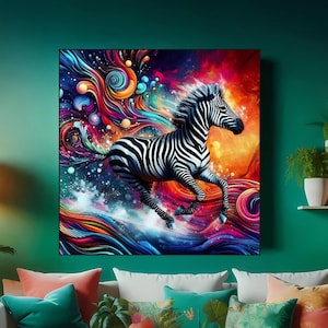 Stampa su metallo alluminio con esplosione di colori, motivo zebra arcobaleno, decorazione moderna per la casa con fauna selvatica astratta e vibrante, decorazione da parete surreale e unica per gli amanti della natura.