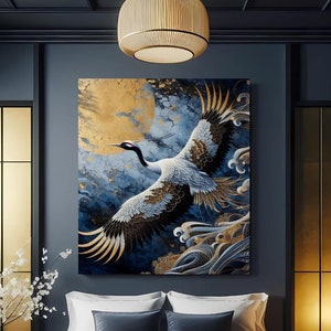 Impresión metálica de aluminio con luz de luna y grulla japonesa, elegante arte de pared con grulla dorada iluminada por la luna, lujosa decoración para el hogar inspirada en aves orientales con detalles dorados