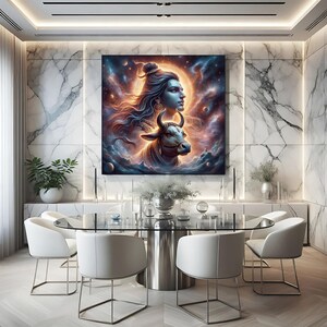 K&ouml;nnte beinhalten: Ein digitaler Kunstdruck mit einer blauh&auml;utigen Gottheit mit einem wei&szlig;en Stier vor einem wirbelnden Galaxie-Hintergrund. Die Gottheit hat langes dunkles Haar und tr&auml;gt eine Perlenkette. Der Stier hat ein wei&szlig;es Horn und blickt nach rechts.