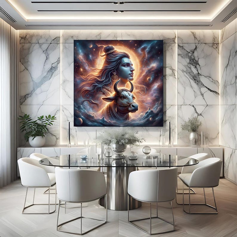 K&ouml;nnte beinhalten: Ein digitaler Kunstdruck mit einer blauh&auml;utigen Gottheit mit einem wei&szlig;en Stier vor einem wirbelnden Galaxie-Hintergrund. Die Gottheit hat langes dunkles Haar und tr&auml;gt eine Perlenkette. Der Stier hat ein wei&szlig;es Horn und blickt nach rechts.