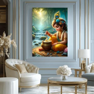 Peut inclure: Une peinture d'un jeune gar&ccedil;on avec une plume de paon dans les cheveux, assis dans un d&eacute;cor de for&ecirc;t et mangeant dans un bol avec une cuill&egrave;re. Le gar&ccedil;on porte une tenue jaune et verte et a une guirlande de fleurs autour du cou.