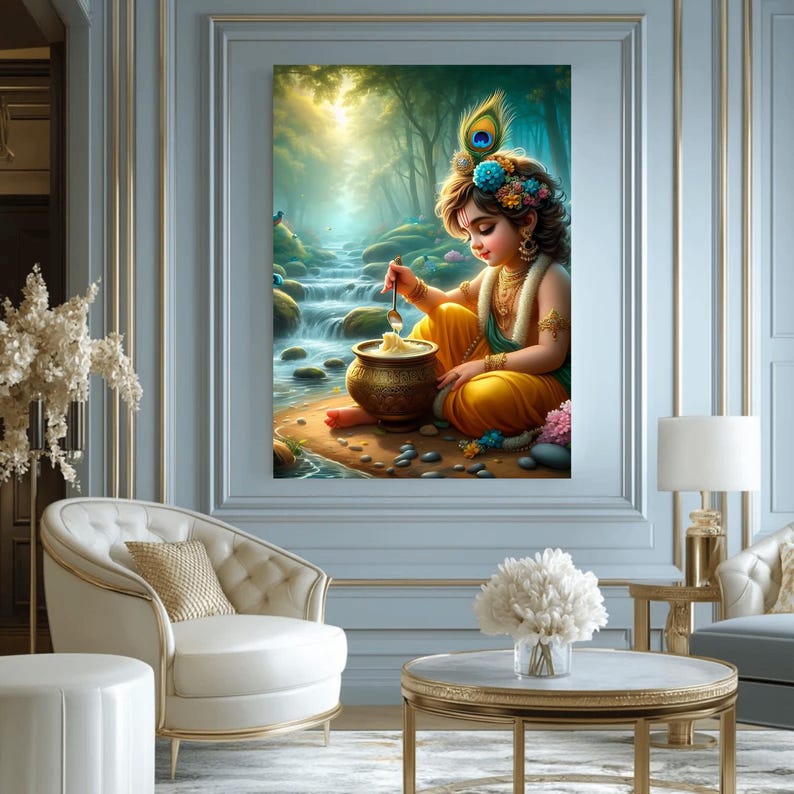 Peut inclure: Une peinture d'un jeune gar&ccedil;on avec une plume de paon dans les cheveux, assis dans un d&eacute;cor de for&ecirc;t et mangeant dans un bol avec une cuill&egrave;re. Le gar&ccedil;on porte une tenue jaune et verte et a une guirlande de fleurs autour du cou.