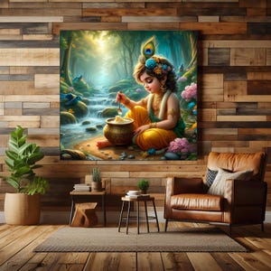 Peut inclure: Une peinture repr&eacute;sentant un jeune gar&ccedil;on avec une coiffe bleue et verte, assis dans un d&eacute;cor de for&ecirc;t, mangeant dans un bol dor&eacute;. Le gar&ccedil;on porte une robe jaune et orange et a une expression sereine sur son visage.