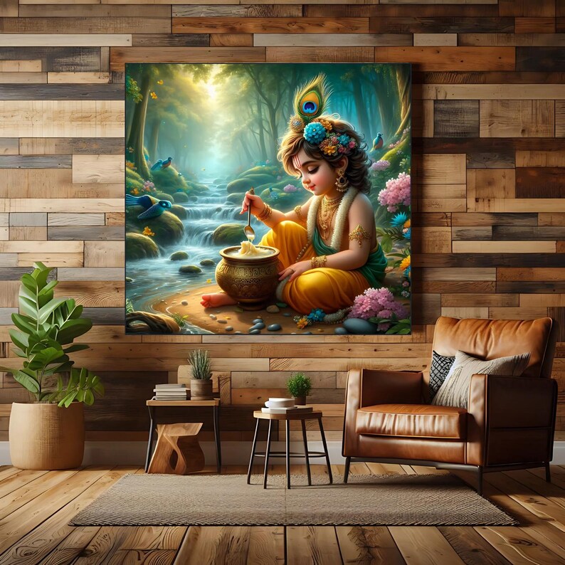 Peut inclure: Une peinture repr&eacute;sentant un jeune gar&ccedil;on avec une coiffe bleue et verte, assis dans un d&eacute;cor de for&ecirc;t, mangeant dans un bol dor&eacute;. Le gar&ccedil;on porte une robe jaune et orange et a une expression sereine sur son visage.