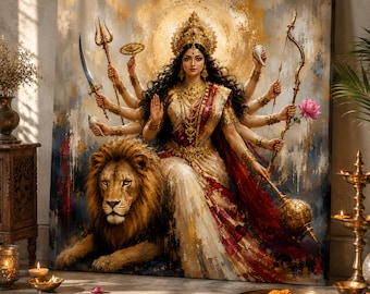 Décoration murale de luxe Durga Mata | Impression de la déesse hindoue | Décoration Navratri | Toile Shakti divine | Art spirituel contemporain | Décoration intérieure indienne
