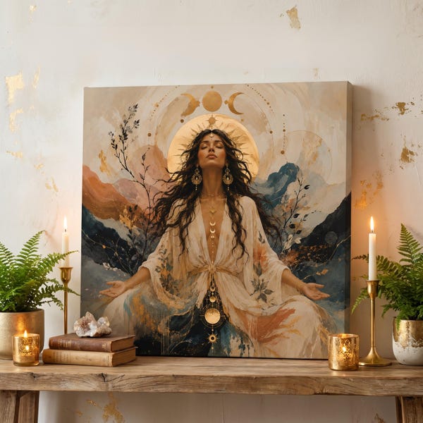 Wandbild für die heilige Weiblichkeit | Boho-Göttinnen-Energie-Druck | Kunstwerk der göttlichen Weiblichkeit | Spirituelle Frauendekoration | Boho-Wohndekoration | Meditation