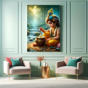 Peut inclure: Une peinture repr&eacute;sentant un jeune gar&ccedil;on avec une coiffe bleue et verte, assis sur un rocher et mangeant dans un bol dor&eacute;. Le gar&ccedil;on porte une robe jaune et orange et a une expression sereine sur son visage. L'arri&egrave;re-plan est une for&ecirc;t verdoyante luxuriante avec un ruisseau qui la traverse.