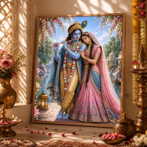 May include: A framed wall art print depicting a blue-skinned figure playing a golden flute while standing beside a person in a pink and blue embroidered dress. The scene features a lush garden, a river, and white architectural structures in the background.