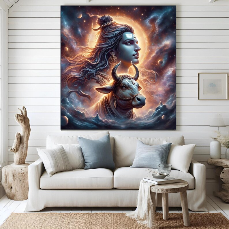 K&ouml;nnte beinhalten: Ein digitales Gem&auml;lde, das die hinduistische Gottheit Shiva mit blauem Gesicht und langen schwarzen Haaren zeigt, die einen Stier mit wei&szlig;em Gesicht und H&ouml;rnern halten. Der Hintergrund ist eine wirbelnde Galaxie aus Sternen und Wolken.