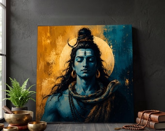 May include: A square wall art print featuring a blue-skinned deity with long dark hair, a crescent moon, and a snake coiled around the neck. The background displays a large golden sun against a split yellow and blue textured backdrop.