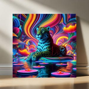 Stampa in metallo di alluminio con giaguaro della giungla al neon, vivace arte murale psichedelica di Matisse con fauna selvatica, colorata scena di fiume tropicale, arredamento moderno e audace per la casa