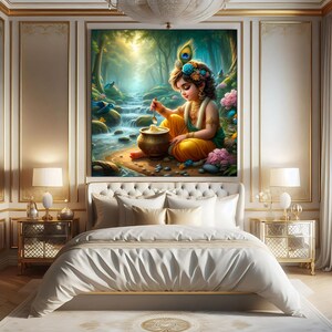Peut inclure: Une peinture repr&eacute;sentant un jeune gar&ccedil;on avec une plume de paon dans les cheveux, assis dans un d&eacute;cor de for&ecirc;t, mangeant dans un bol avec une cuill&egrave;re. Le gar&ccedil;on porte une tenue jaune et verte et est entour&eacute; de verdure et d'un petit ruisseau.