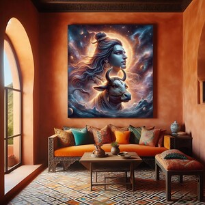 K&ouml;nnte beinhalten: Ein Gem&auml;lde von Shiva, einer hinduistischen Gottheit, mit blauem Gesicht und langen schwarzen Haaren, das einen Stier mit wei&szlig;em Gesicht und H&ouml;rnern h&auml;lt. Das Gem&auml;lde ist vor dem Hintergrund eines sternenklaren Nachthimmels mit einer strahlend gelben Sonne.