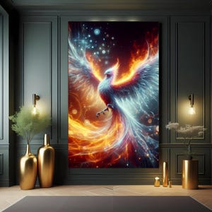 Impresión artística de aluminio para pared con el ave fénix en ascenso, majestuosa pieza de metal colgante con llamas y luz, pájaro mítico del renacimiento, decoración artística vibrante