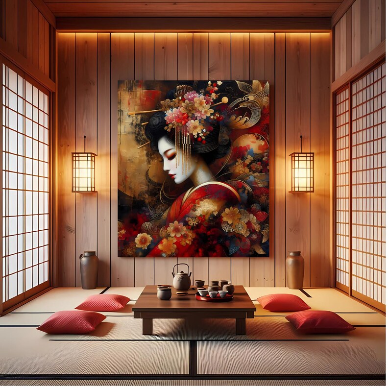 Japanese Geisha Metal Print: Gold & Red Kimono, Zen Wall Art - Etsy