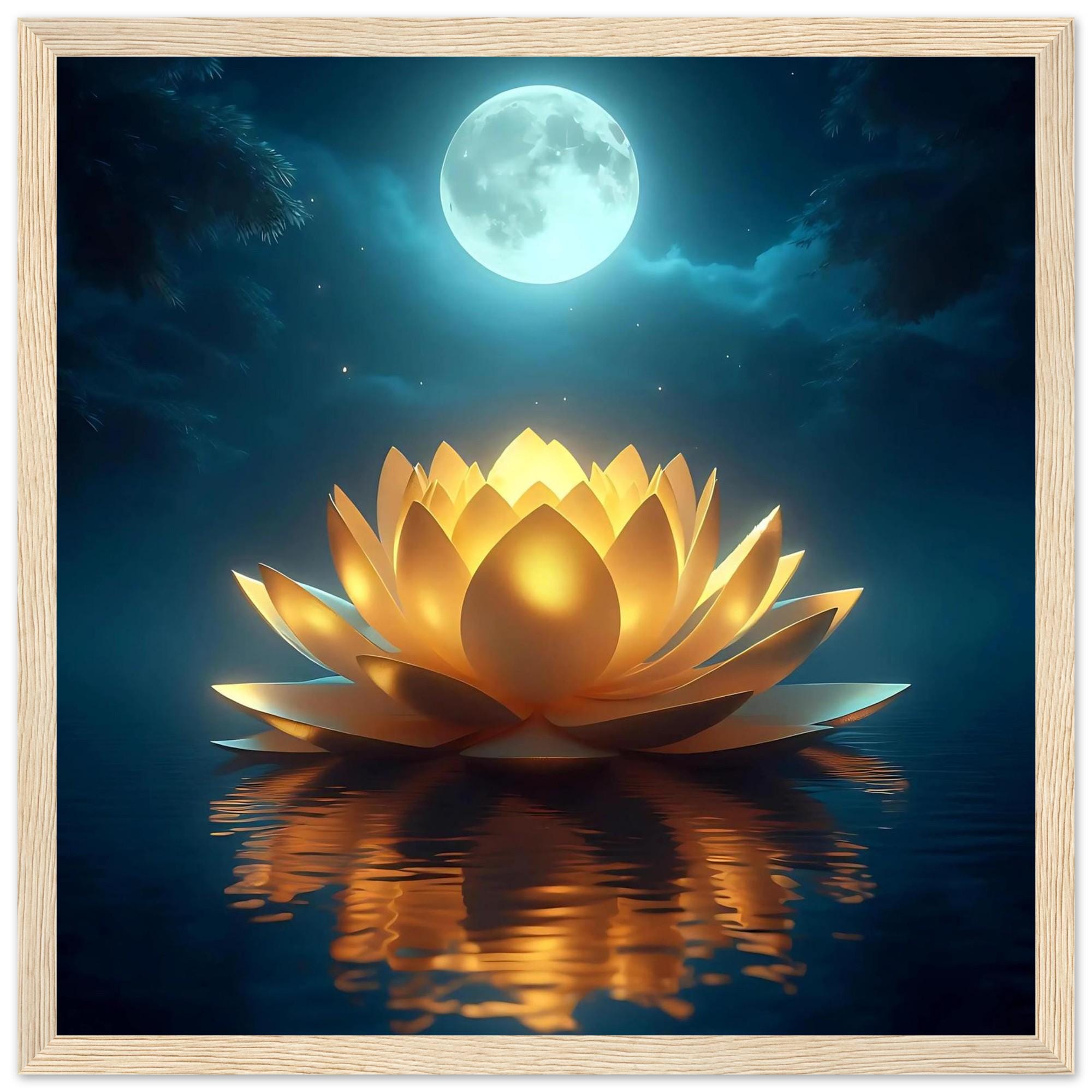 Golden Lotus Flower Art Print - Celestial Blue Moon Portrait - Sacred ...