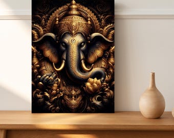 Złoty wydruk aluminiowy z Ganeshą: hinduskie bóstwo na ścianę