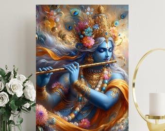 Boski Pan Kryszna, aluminiowa sztuka metalowa, błogosławiony dar hinduskiego boga na parapetówkę Janmashtami, dekoracja fletu i święte wydruki ścienne Vrindavan