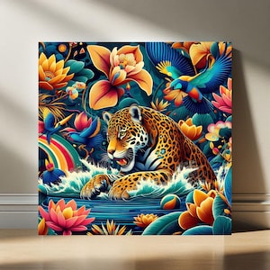 Stampa in metallo e alluminio con dopamina, giaguaro massimalista, decorazione della giungla con fauna selvatica vibrante e maestosa, arte murale di Matisse con foresta pluviale tropicale e felino esotico