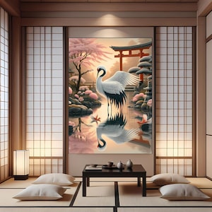 Japanischer Kranich Gelassenheit in der ruhigen Zen Garten Aluminium Metall Druck, Kirschblüte & Torii Tor Natur Szene Wand Kunst, Vogel Wandbehang
