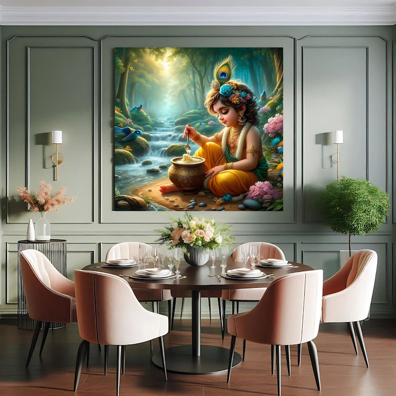 Peut inclure: Une peinture repr&eacute;sentant un jeune gar&ccedil;on, peut-&ecirc;tre Krishna, assis dans un d&eacute;cor de for&ecirc;t, mangeant dans un bol avec une cuill&egrave;re. Il porte une tenue jaune et verte et une couronne de fleurs. La peinture est sur fond de verdure luxuriante et d'un ruisseau qui coule.