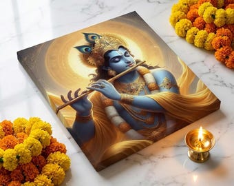 Reprodukcja sztuki Adiyogi Krishna – Królewski niebieski portret Pana Wisznu – Dekoracja ścienna z melodią fletu – Świecący obraz duchowy wedyjski