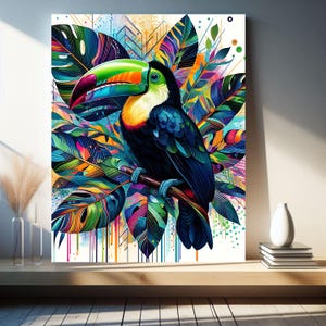 Stampa in metallo di alluminio con tucano tropicale della giungla vibrante, opera d'arte di uccelli esotici massimalista, arredamento moderno per la casa con fauna selvatica, arte murale Dopamine Matisse