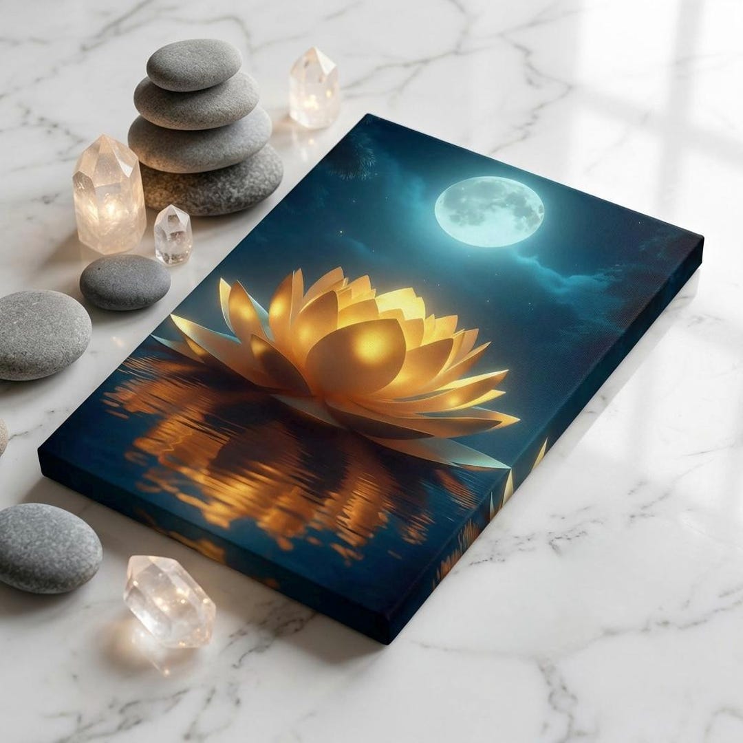 Golden Lotus Flower Art Print - Celestial Blue Moon Portrait - Sacred ...