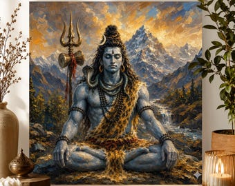 Peut inclure: Une impression d'art mural carrée représentant une divinité à la peau bleue assise en position de lotus méditative. La figure porte un croissant de lune dans les cheveux, un cobra autour du cou et tient un trident. Le fond montre des montagnes enneigées.
