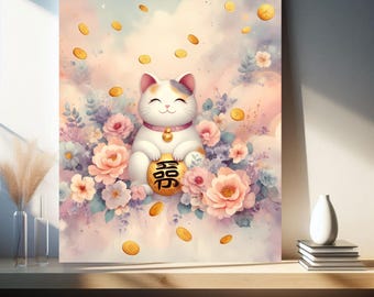 Maneki Neko Gold Coins Metal Print: Lucky Cat Floral Wall Art