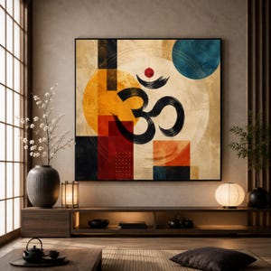 Peut inclure: Une œuvre d'art murale carrée présentant un grand symbole Om noir centré sur des formes géométriques abstraites dans des tons de jaune, rouge, bleu et beige. La composition comprend un point rouge au-dessus du symbole et un cercle bleu.