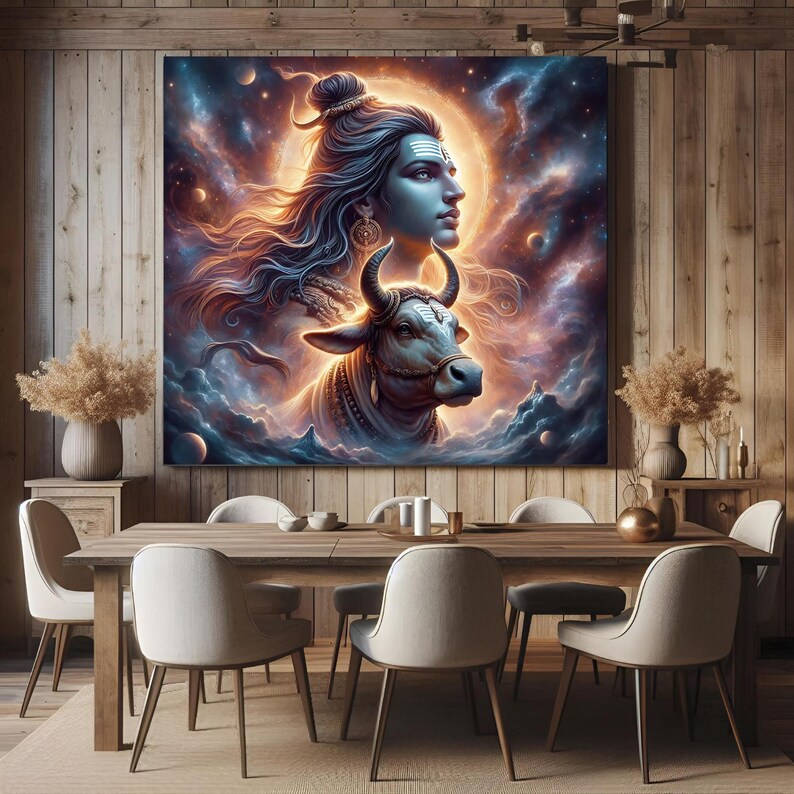 K&ouml;nnte beinhalten: Ein digitales Gem&auml;lde einer hinduistischen Gottheit, Shiva, mit blauer Haut, langen schwarzen Haaren und einem dritten Auge. Er ist mit einem Stier, Nandi, vor einem kosmischen Hintergrund mit Sternen und Planeten dargestellt.