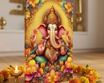 Wydruk artystyczny Lorda Ganesha – Portret mandali Vaisakhi Ganesha – Dekoracja ścienna z hinduskim bogiem – Plakat z żywym szafranowym błogosławieństwem