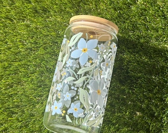 Blue Floral Glass Iced Coffee Cup with Bamboo Lid & Straw