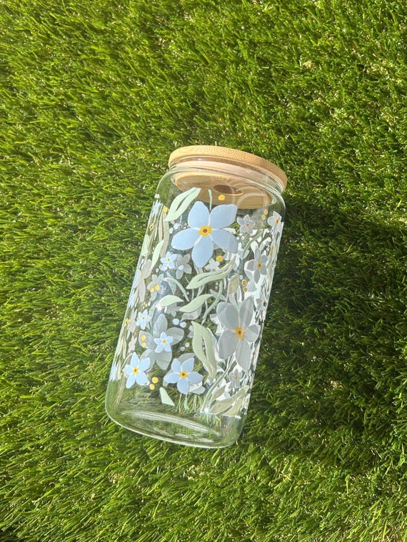 Blue Flower Glass Cup with Lid and Straw | Iced Coffee Cup | Floral Tumbler Gift l Aesthetic Blue Floral Cup | Reusable Iced Coffee Glass l