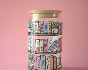 Bookshelf Glass Tumbler with Lid & Straw | Book Lover Gift