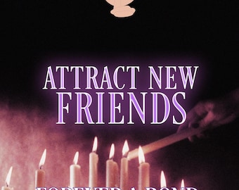 以下が含まれることがあります： 暗い背景に紫色のテキストグラフィックが表示され、「ATTRACT NEW FRIENDS FOREVER A BOND.」と表示されています。グラフィックは、燃えているろうそくの列の上に燃えているマッチを持っている手の写真に重ねられています。